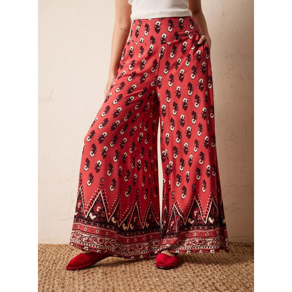 Free People Extreme Wide Leg Floral Boho Pants In Red Women's Size L